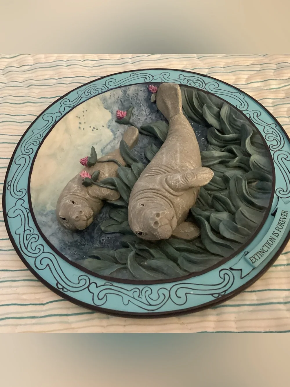Coastal Manatee Relief Wall Art in Teal and Gray